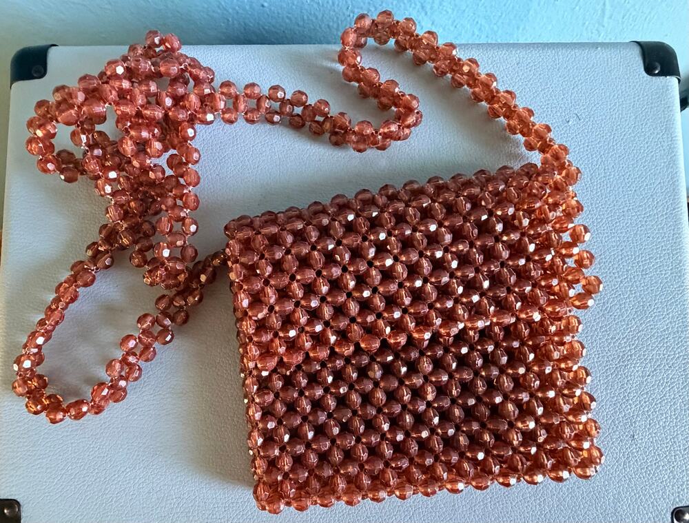 Vintage 1970s Amber Beaded Crossbody Bag - Translucent Acrylic Mini Purse
